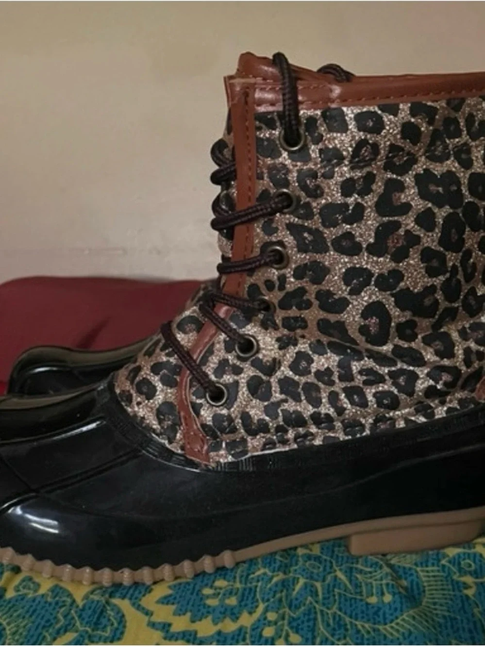 Sugar Leopard-Print Winter Duck Boots in Black and Brown